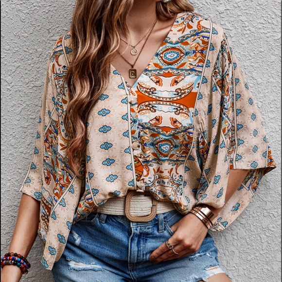 Tops - Boho paisley Print Batwing Top Blouse